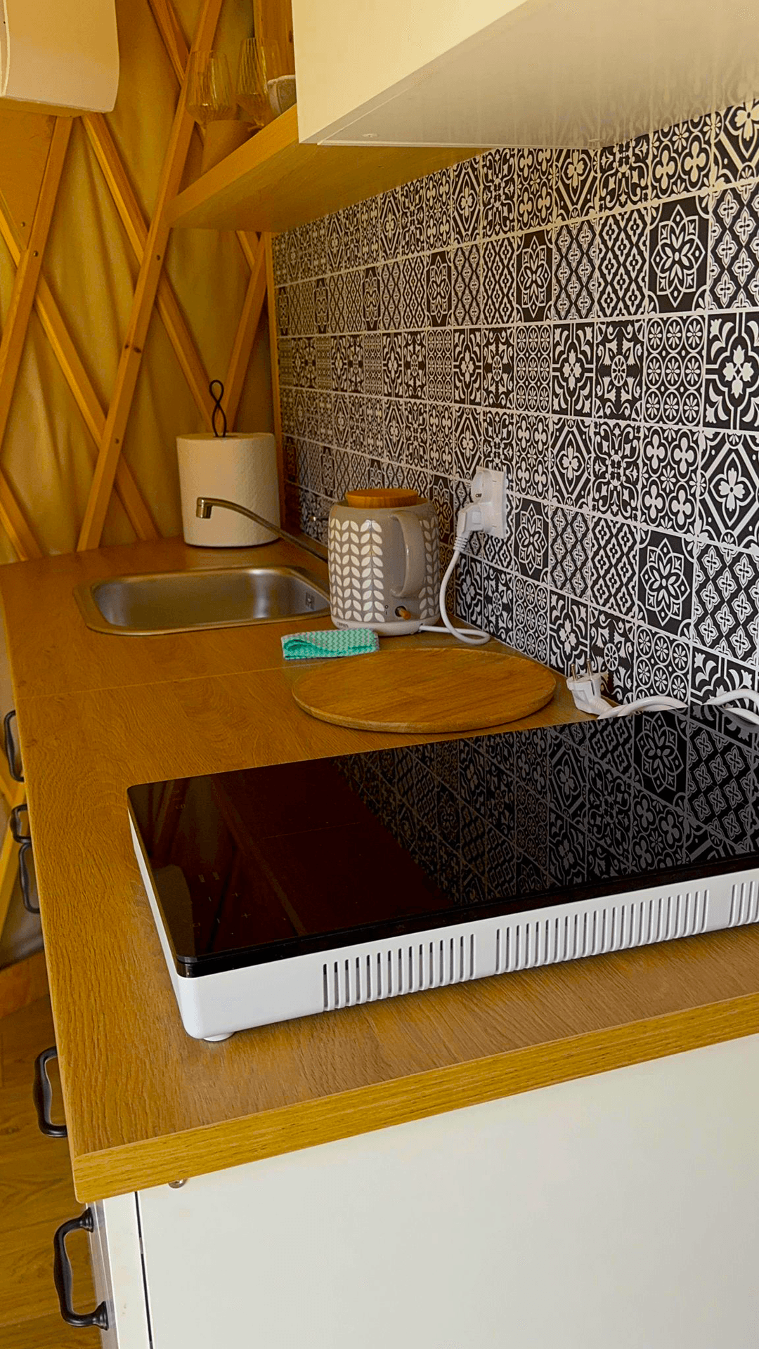 A kitchen equipped with an induction cooktop and wooden cabinets.
