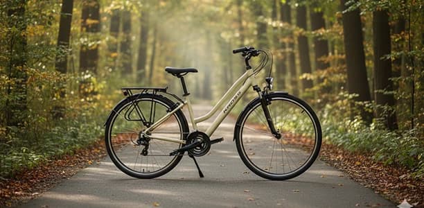 Damski rower w środku lasu na ścieżce rowerowej