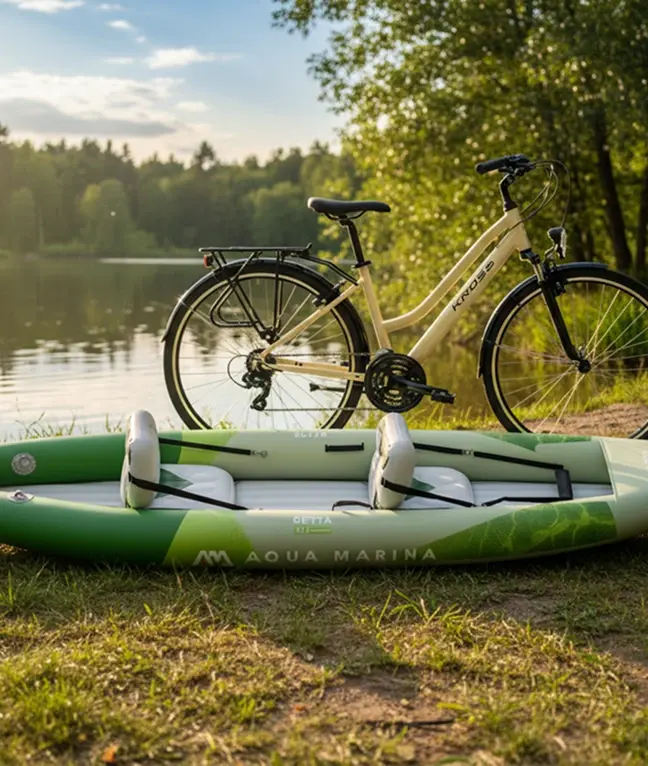 Kajak oraz rower wystawiony w okolicy rzeki oraz drzew