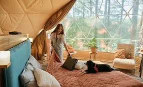 Stojąca kobieta i leżący pies w sypialni jurty.